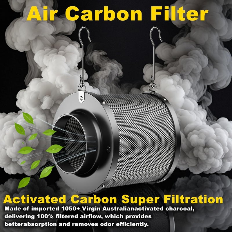 MELONFARM Air Filtration Kit, 4" 190 CFM Inline Duct Fan with Speed Controller, 12" High Carbon Filter, 8 Ft Ducting & Rubber Coupler, Air Cooling and Filtration Kit for Grow Tent, Hydroponics - Image 3